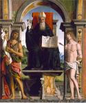 Marco Palmezzano, Glorificazione di Sant Antonio Abate in trono tra i Santi Giovanni Battista e Sebastiano (Pala Ostoli), 1496-1497
